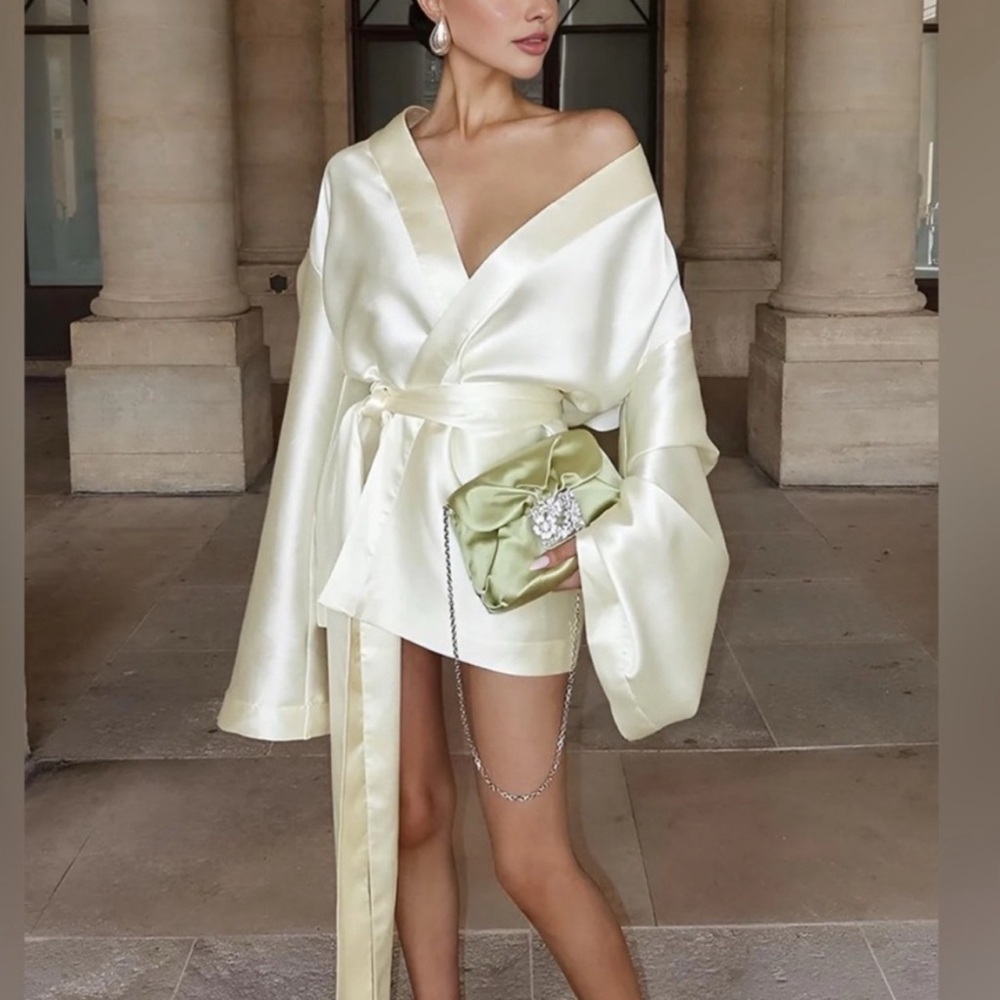 Elegant Cream Satin Wrap Dress